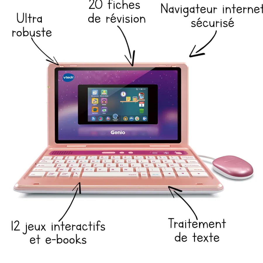 VTech Genio, Mon Premier Vrai Ordi ! (Rose)- Ordinateurs Pour Enfants