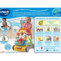 VTech Baby Super Trotteur Parlant 2 En 1 Orange- Porteurs, Trotteurs